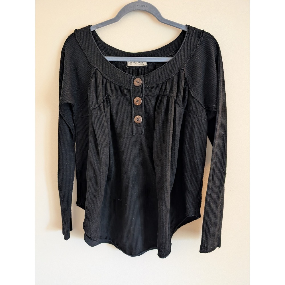 We The Free People Black Ribbed Must Have Henley Thermal Shirt Small basics boho